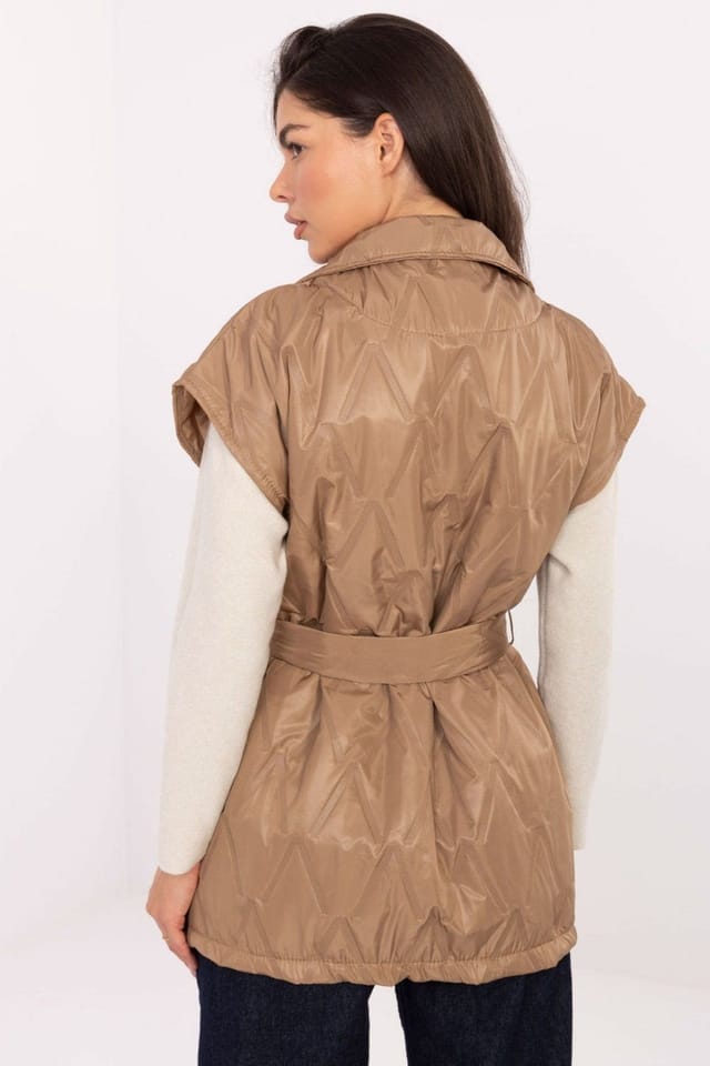 Love Lace Love Lace Women's Elegant Quilted Vest with Tie Belt & Pockets in Brown - 3