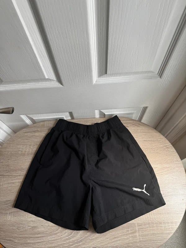 Puma PUMA Black Woven Athletic Shorts Men’s UK Small | White Logo | Elastic Waist | Sports Gym Training