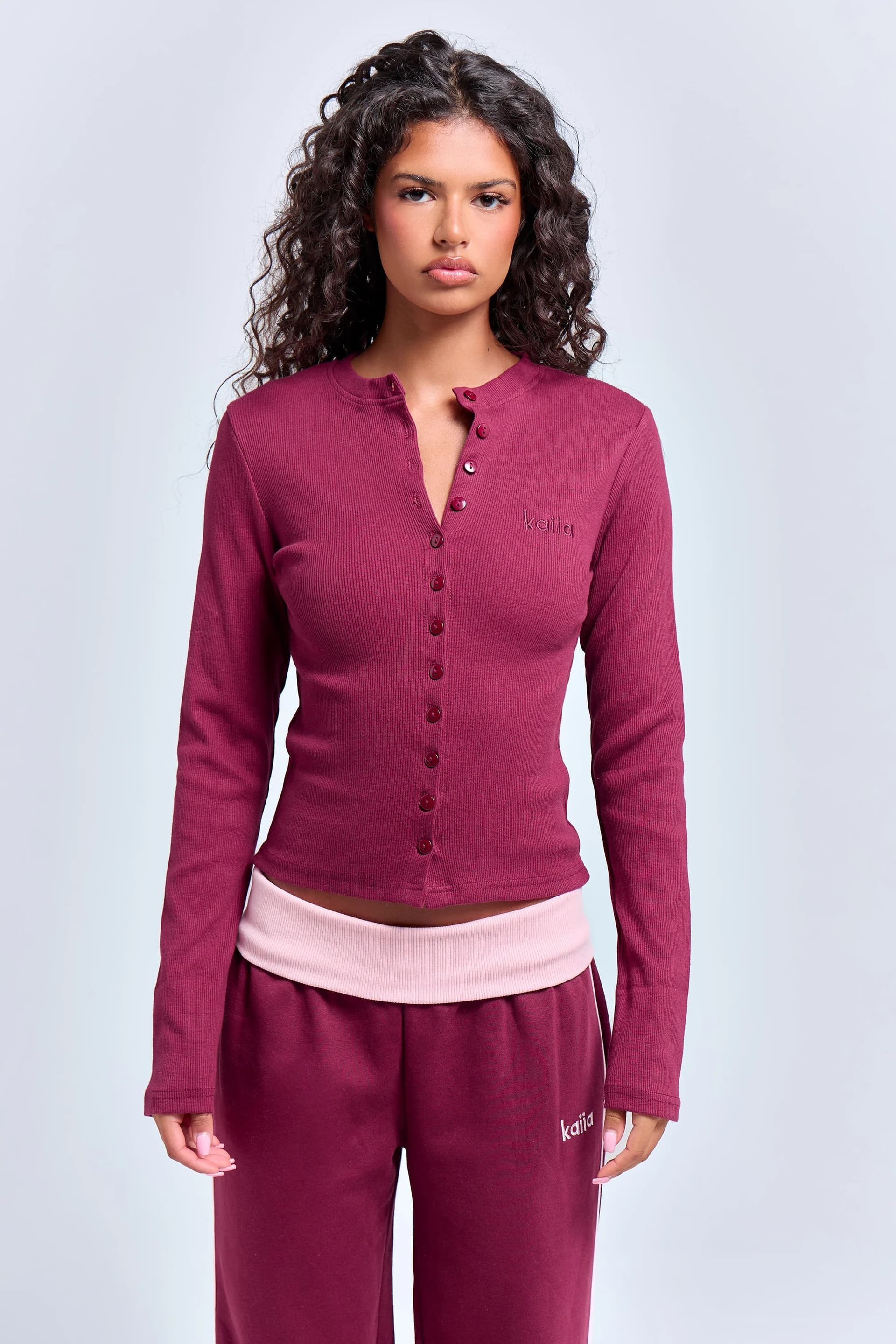 Kaiia Kaiia Ribbed Long Sleeve Button Front Top Deep Burgundy