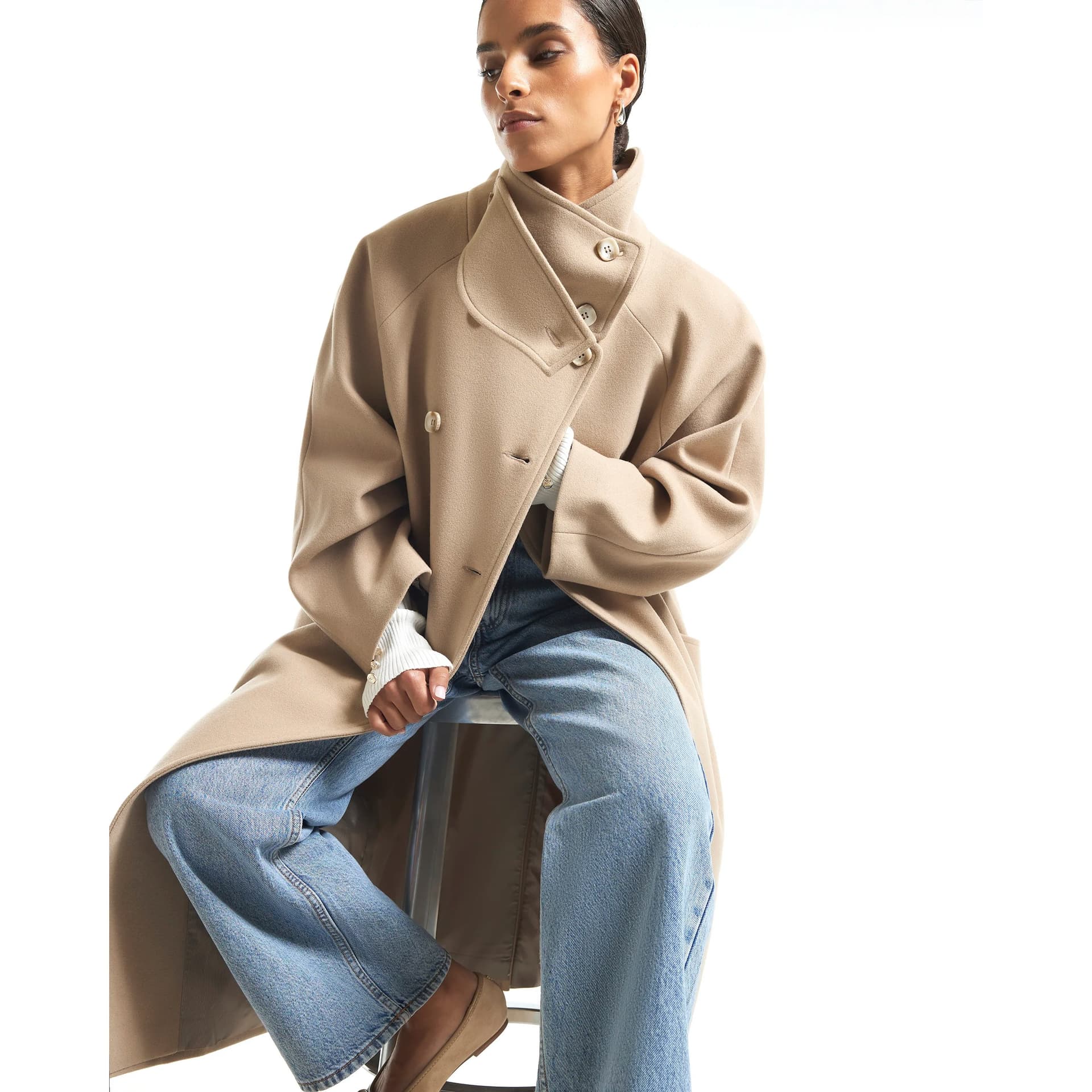 River Island River Island Womens Petite Beige Funnel Neck Robe Coat