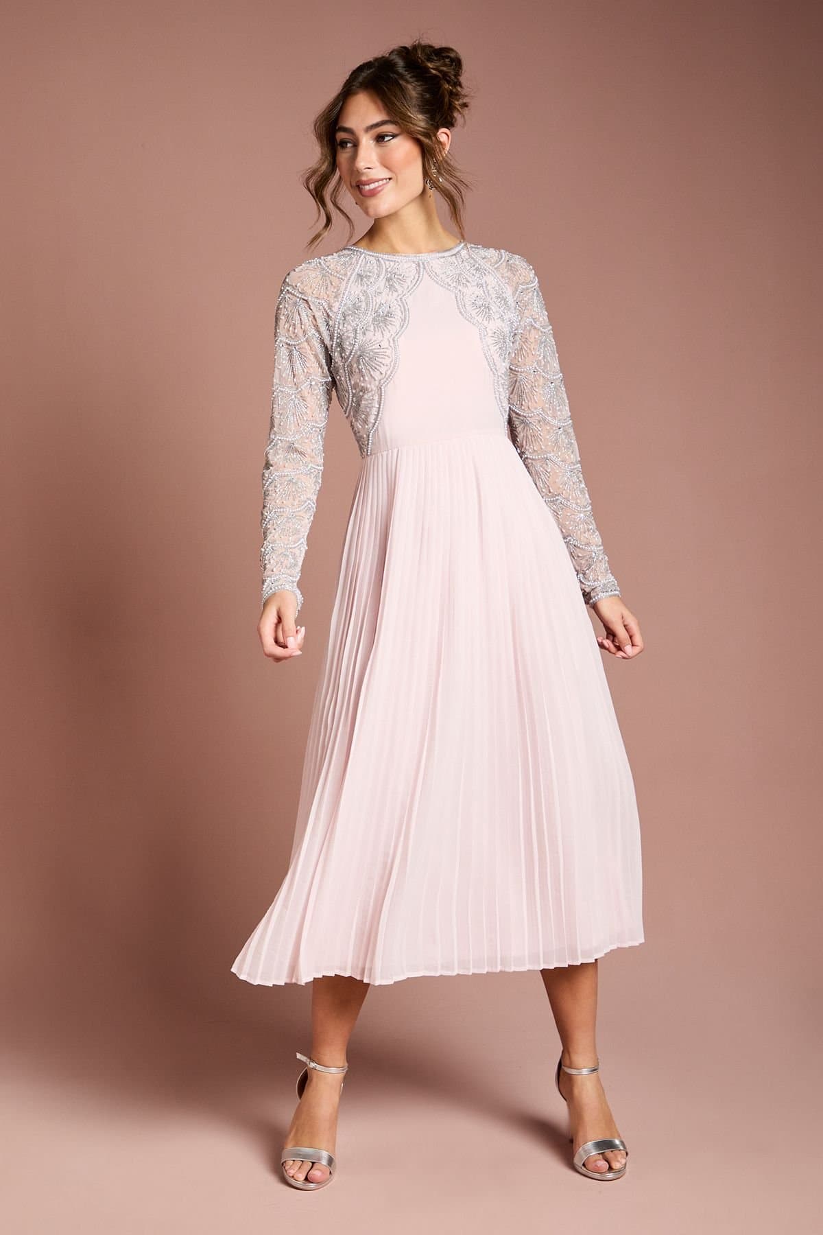 Coast Coast Women's Scallop Embellished Pleated Midi Dress in Blush