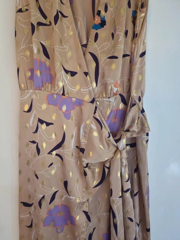 Never Fully Dressed Beautiful beige gold purple floral Never Fully Dressed dress sleeveless wrap tie waist