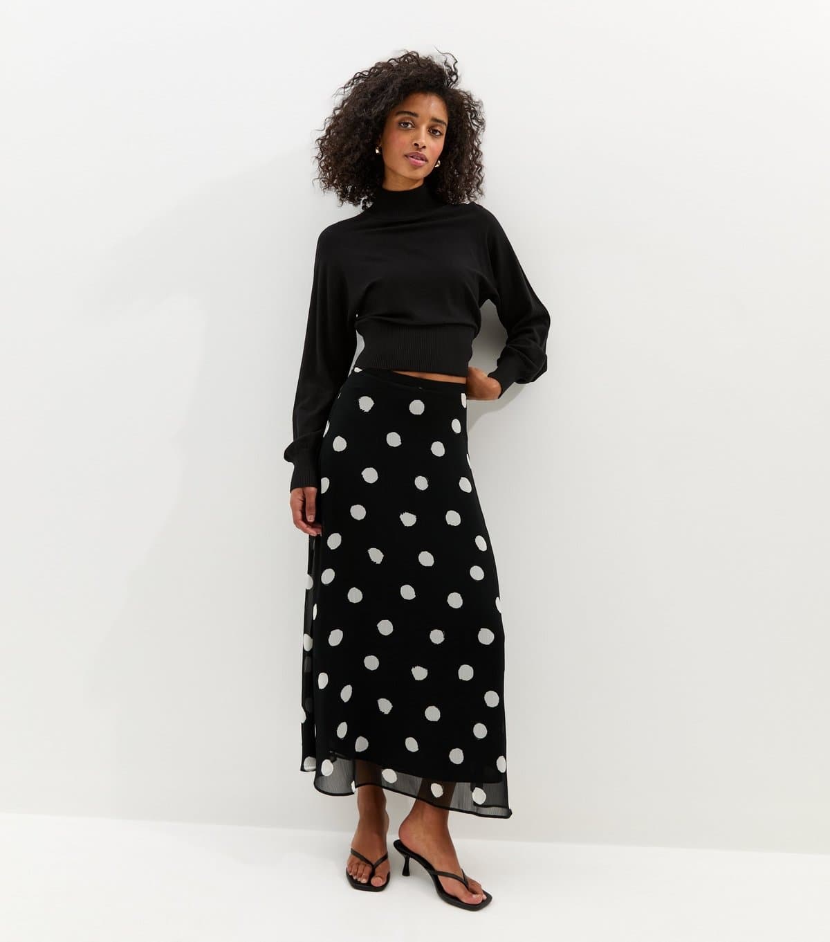 New Look Women's Black Chiffon Polka Dot Bias Cut Midi Skirt New Look