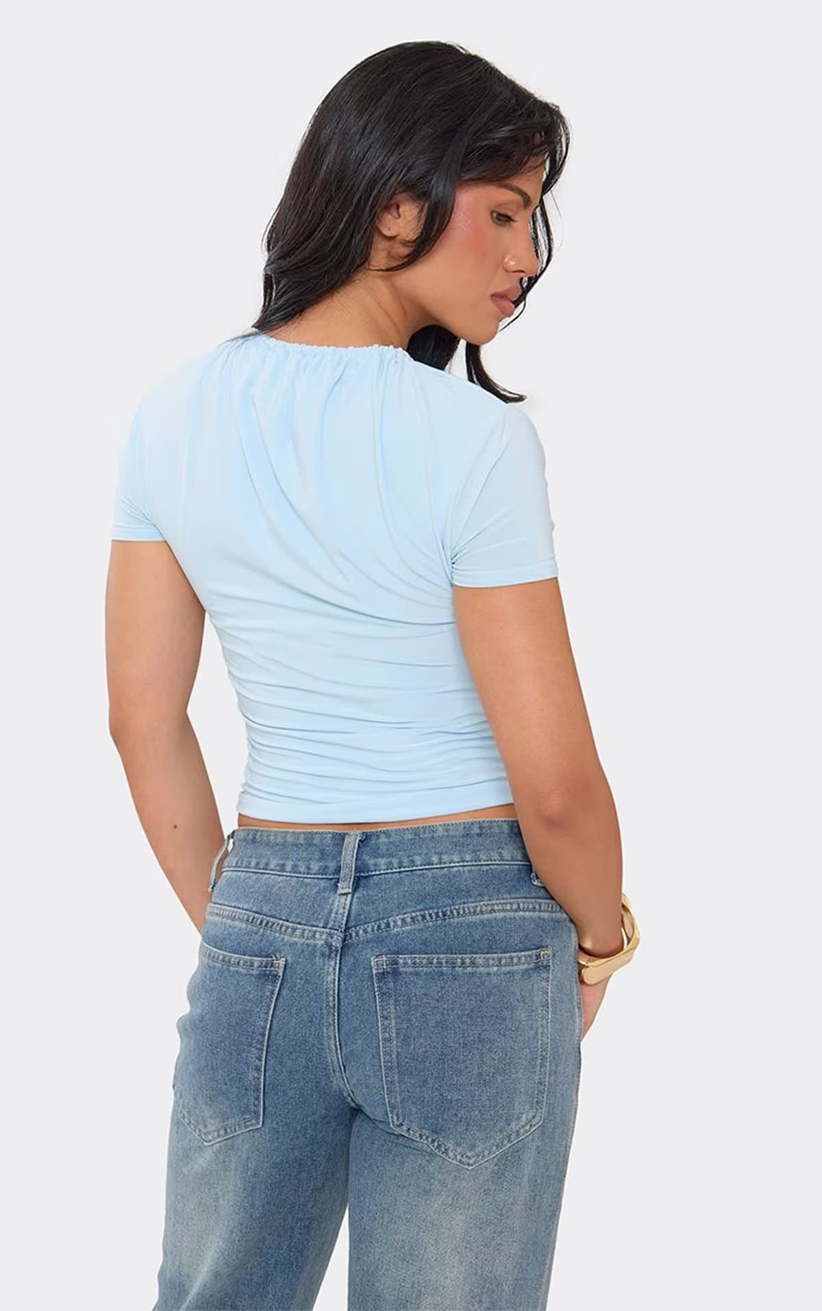EGO Short Sleeve Key Hole Cut Out Ruched Top In Light Blue Slinky., Women's Size UK 6