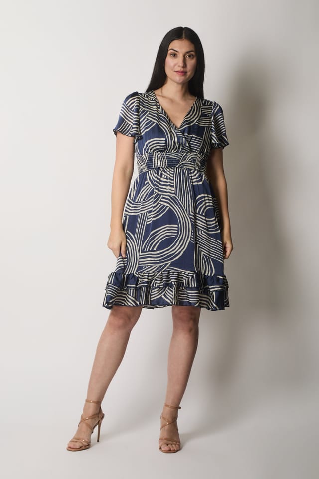 SOLO SOLO Women's Abstract Print Smocked Dress in Navy - 2