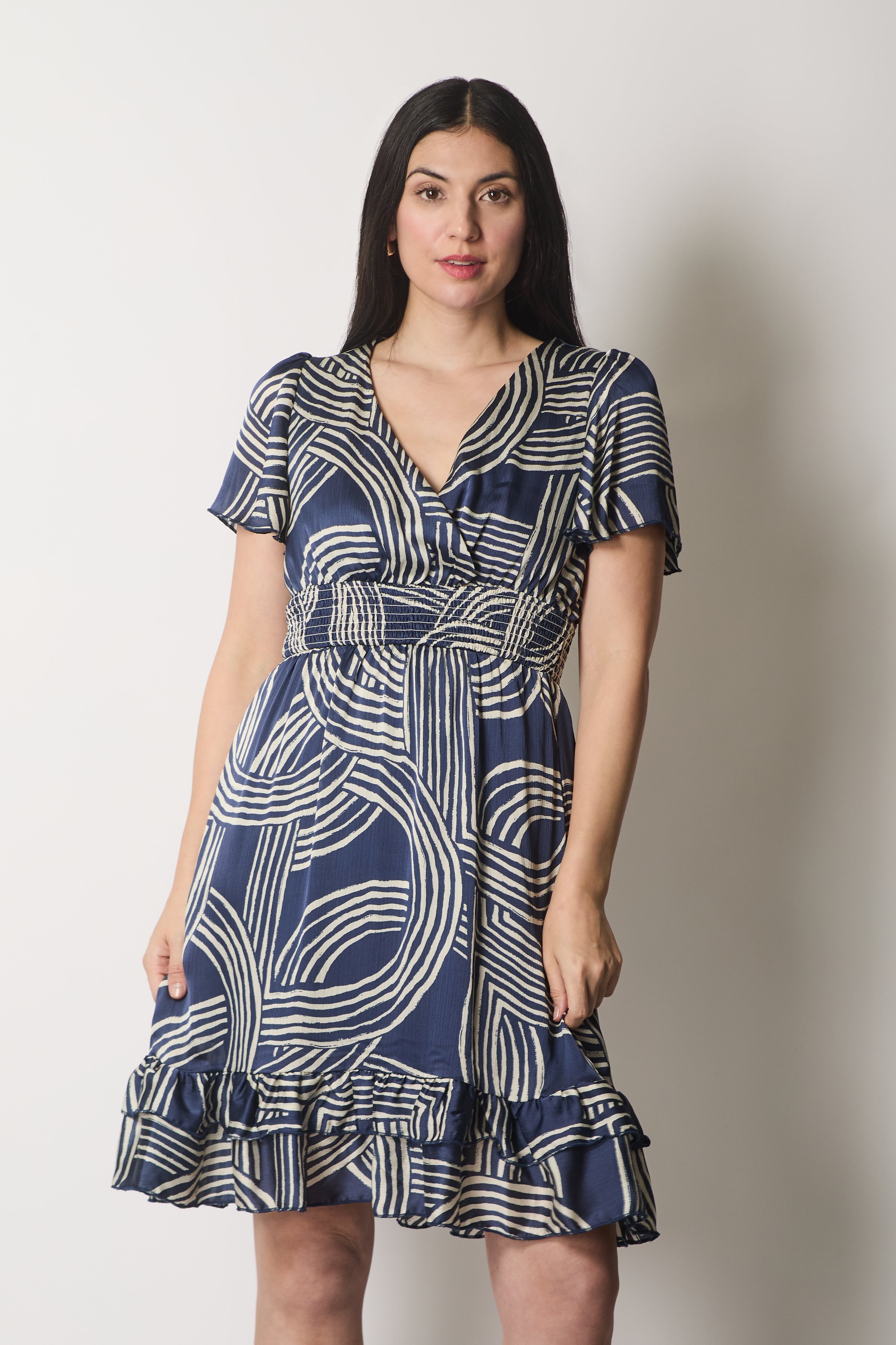 SOLO SOLO Women's Abstract Print Smocked Dress in Navy - 4