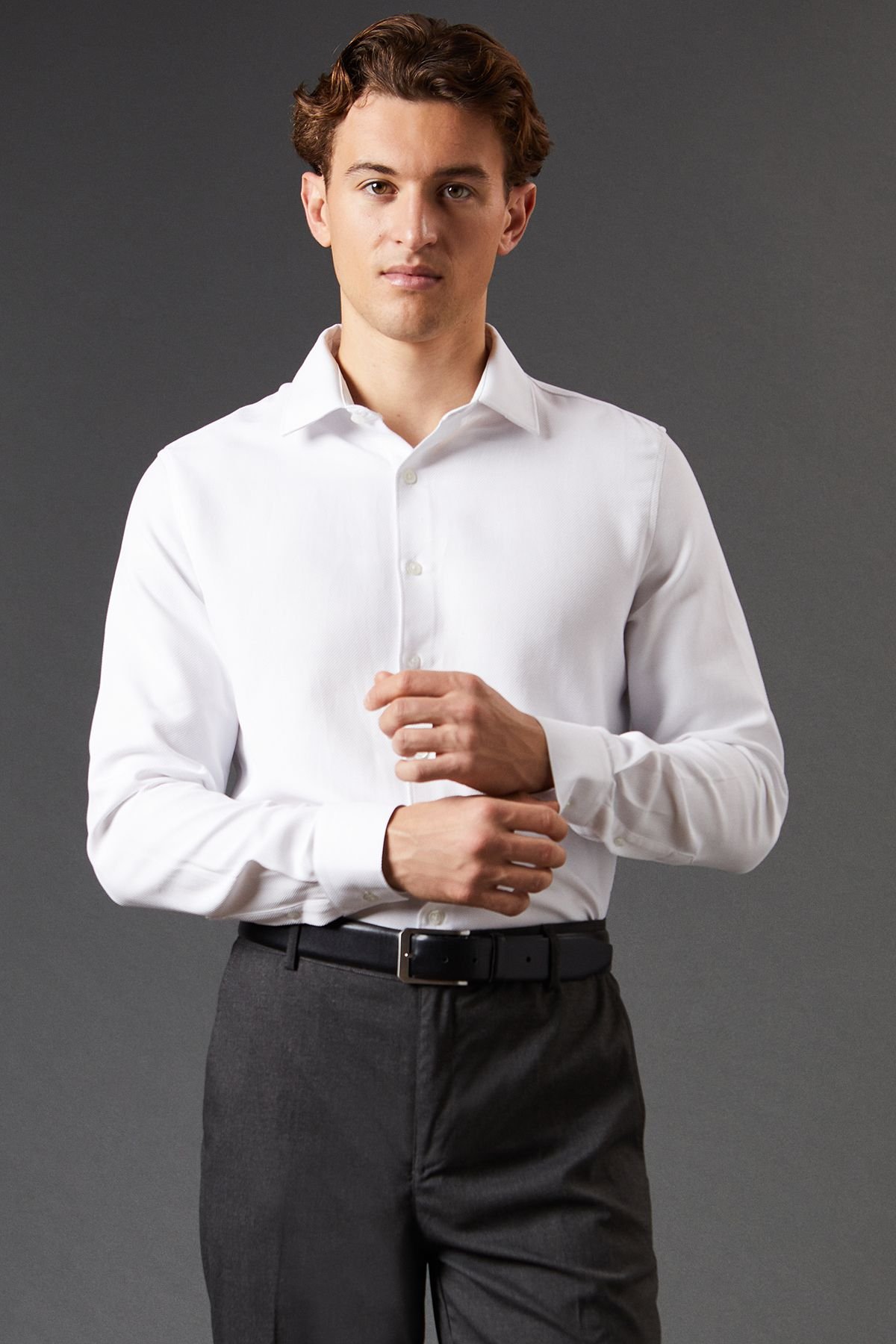 Burton Burton Men's Slim Fit Basket Weave Smart Long Sleeve Shirt in White - 2