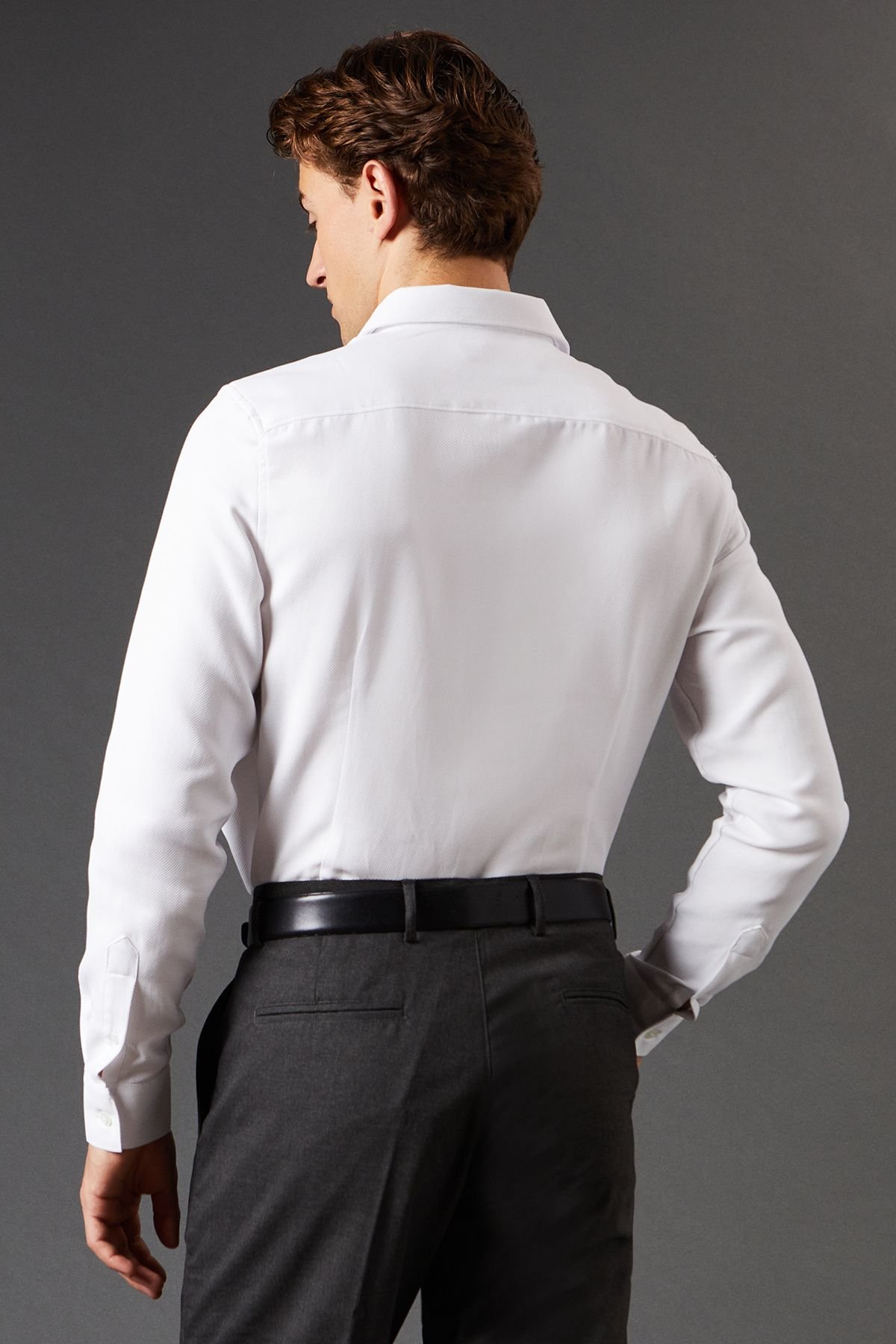 Burton Burton Men's Slim Fit Basket Weave Smart Long Sleeve Shirt in White - 3