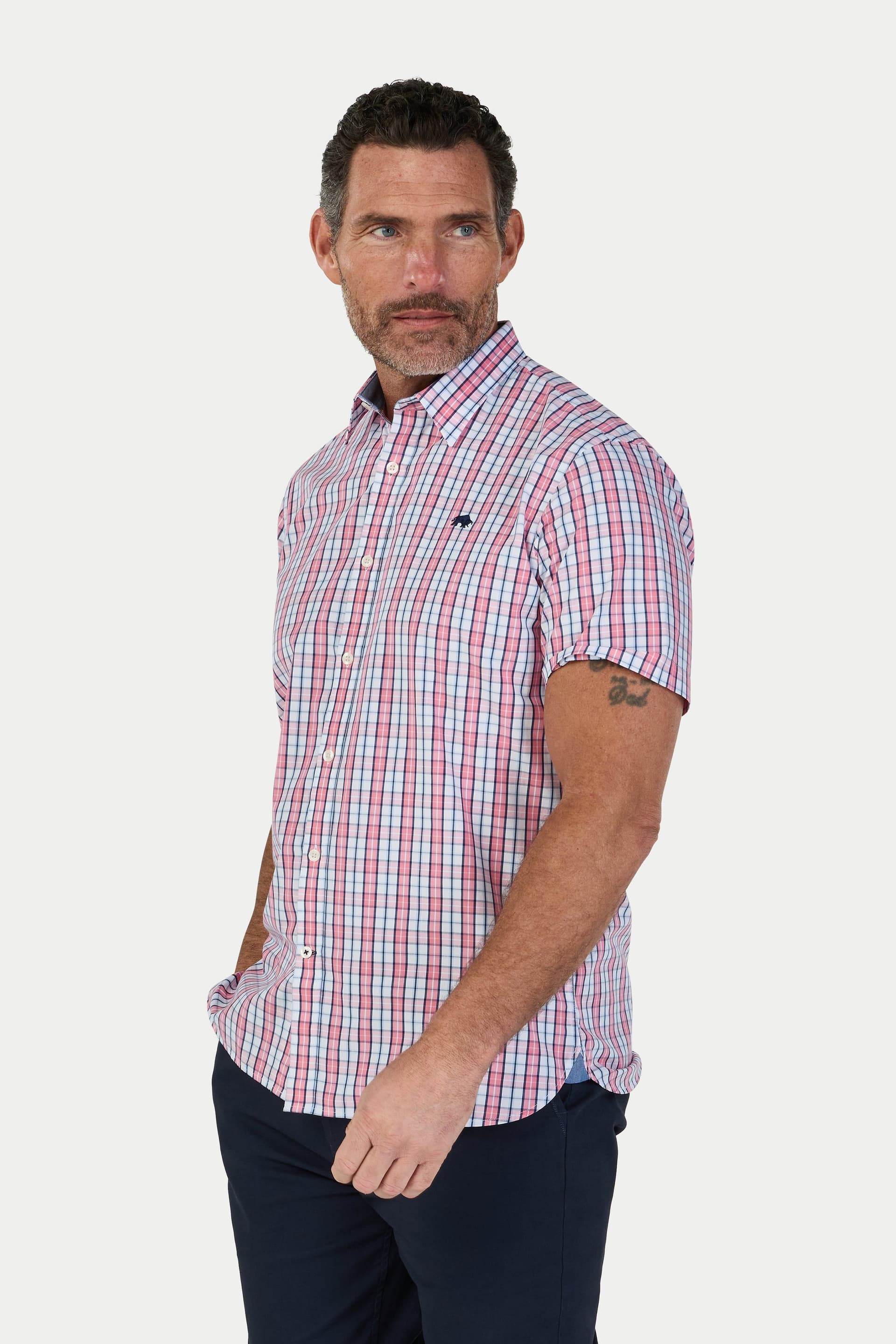 raging bull Raging Bull Men's Short Sleeve Large Check Cotton Poplin Shirt in Pink