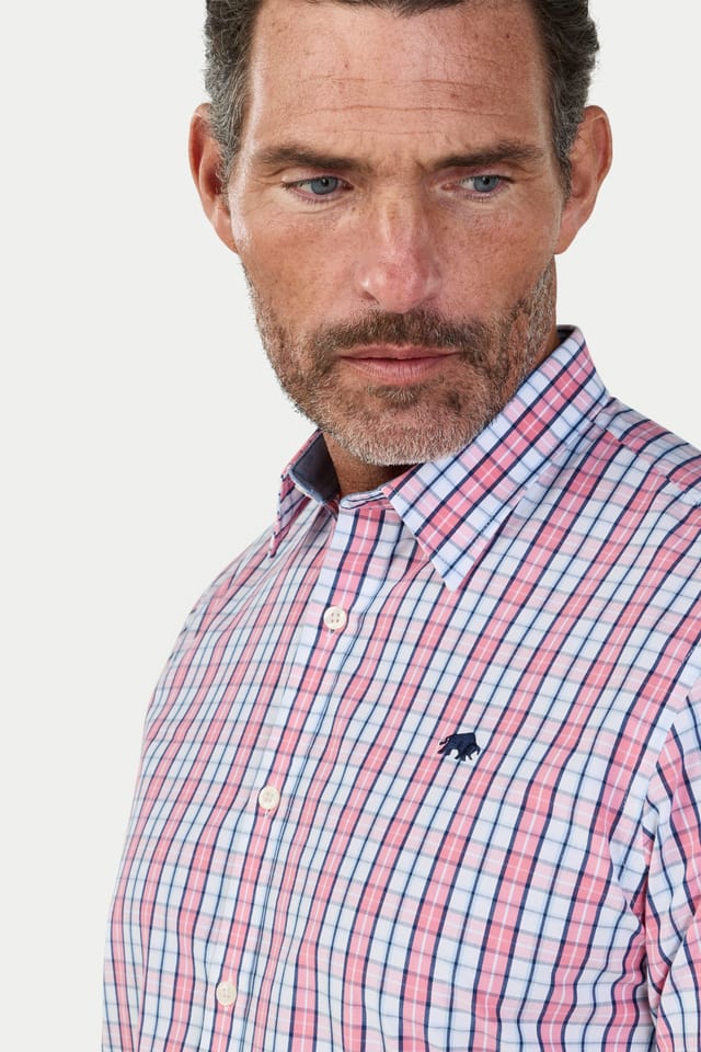 raging bull Raging Bull Men's Short Sleeve Large Check Cotton Poplin Shirt in Pink - 3