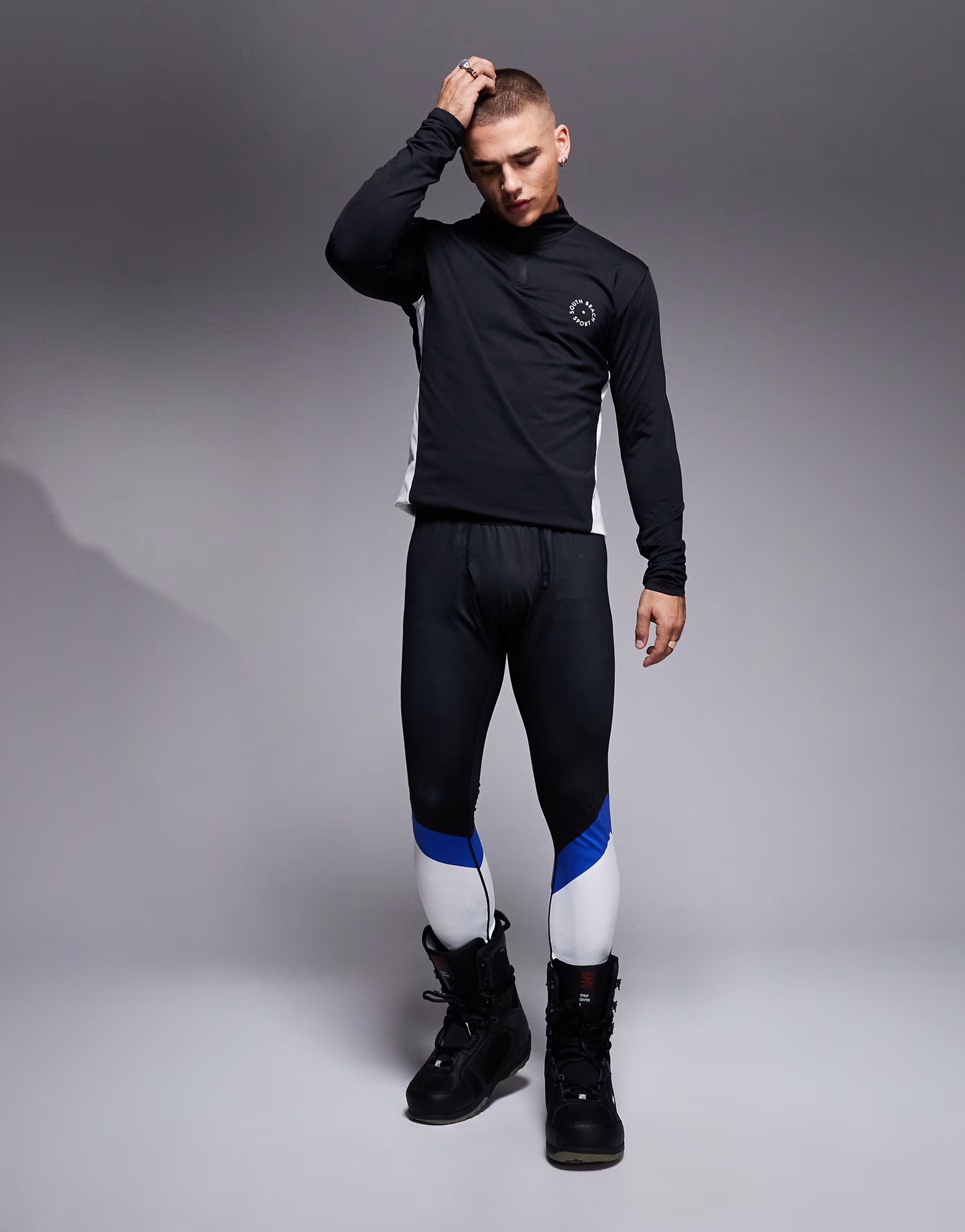 ASOS South Beach Ski fleece back stripe leggings in black - 1