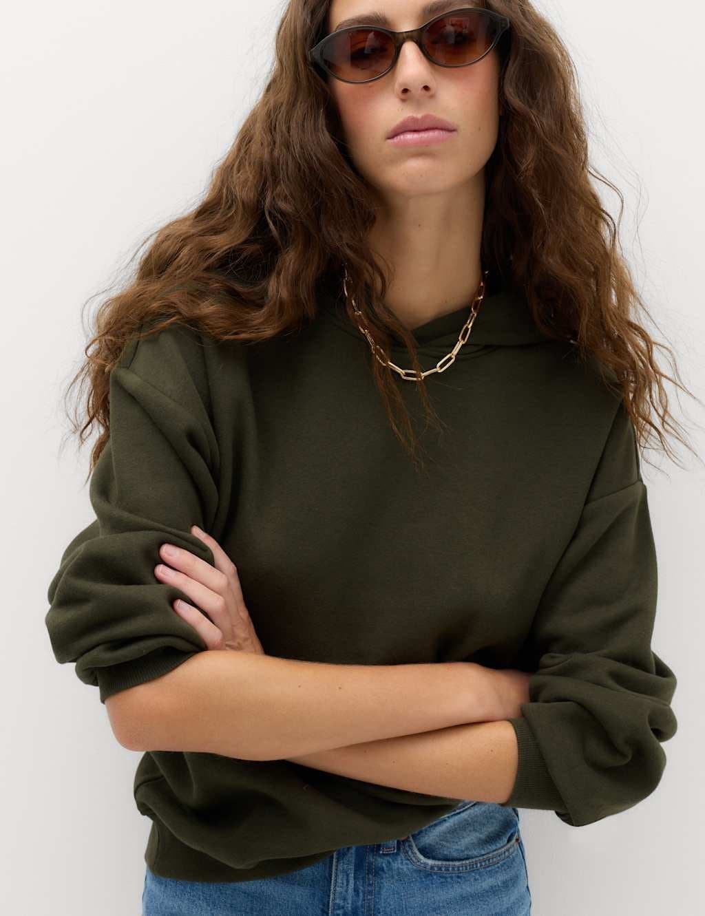 Marks & Spencer M&S Cotton Rich Hoodie Dark Khaki
