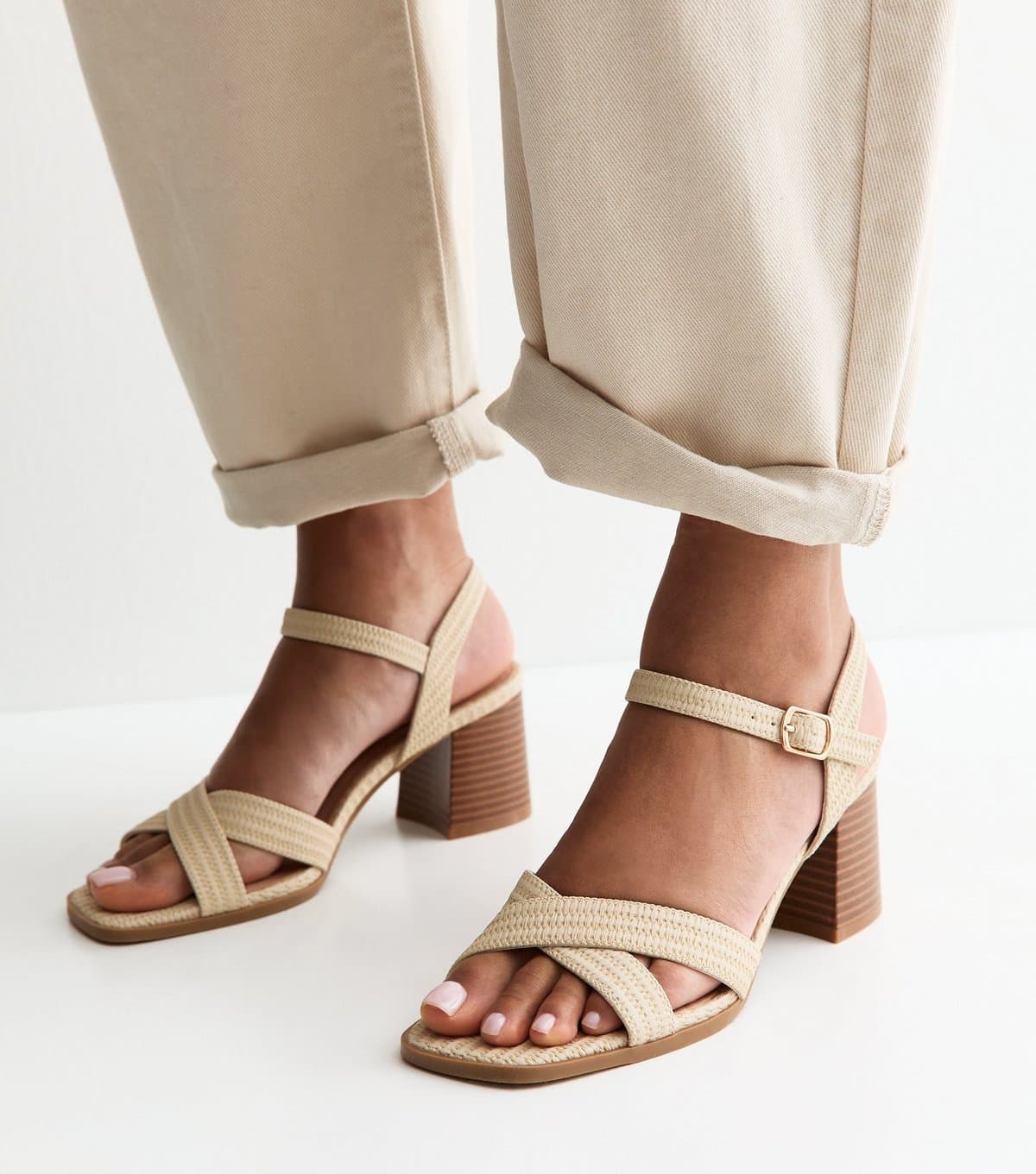 New Look Women's Off White Faux Leather Block Heel Sandals Vegan New Look