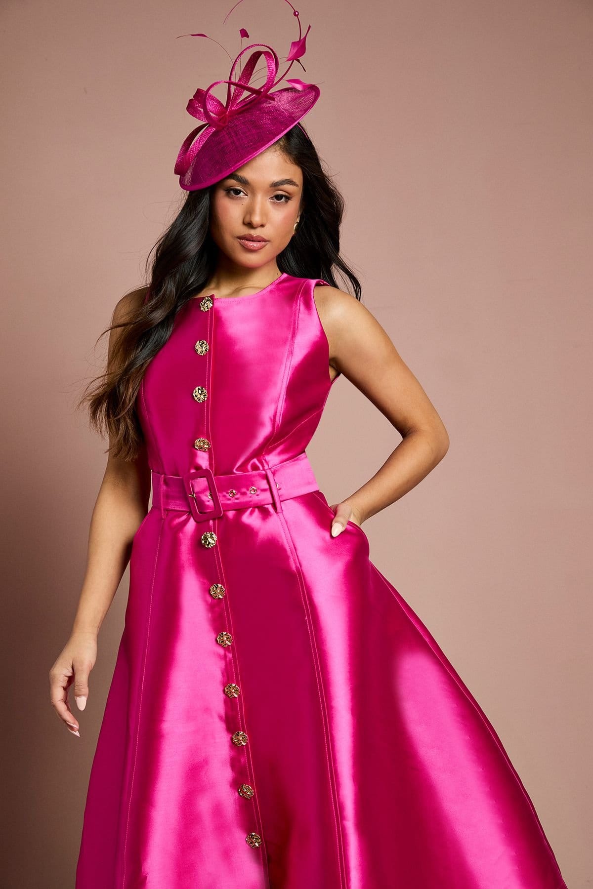 Coast Coast Women's Petite Button Through Belted Prom Dress in Raspberry - 4