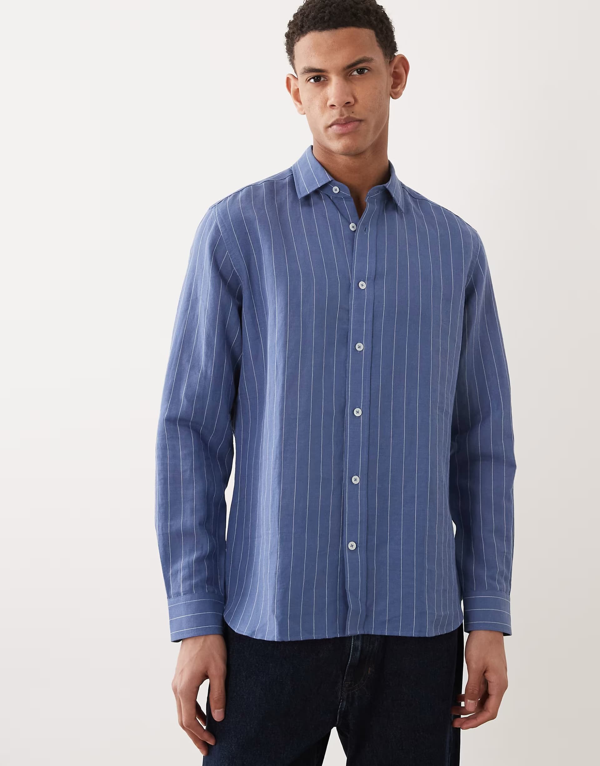 ASOS Mango linen mix long sleeve striped shirt in blue