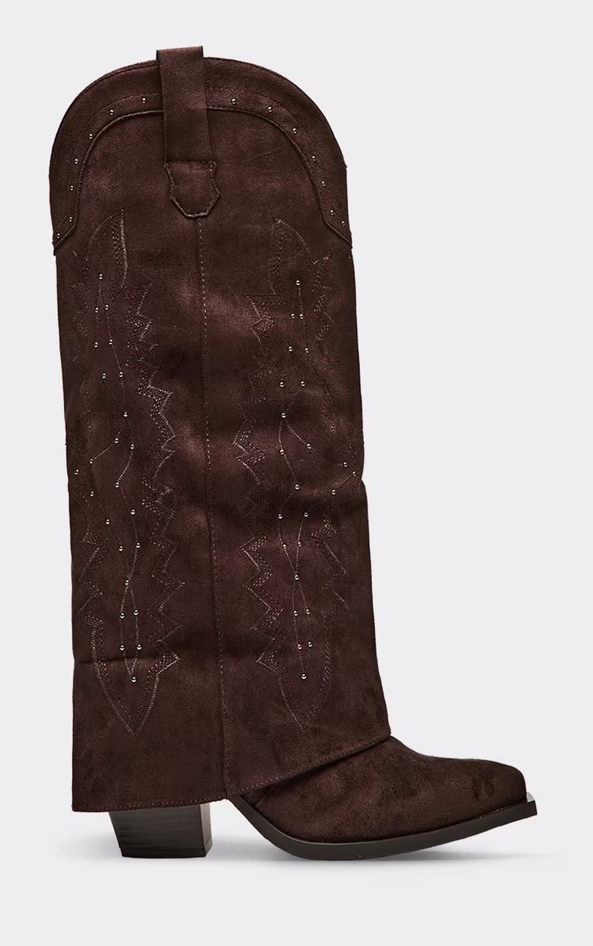 EGO Rhodes Embroidered Layered Stud Detail Knee High Western Cowboy Boot In Brown Faux Suede, Women's Size UK 3