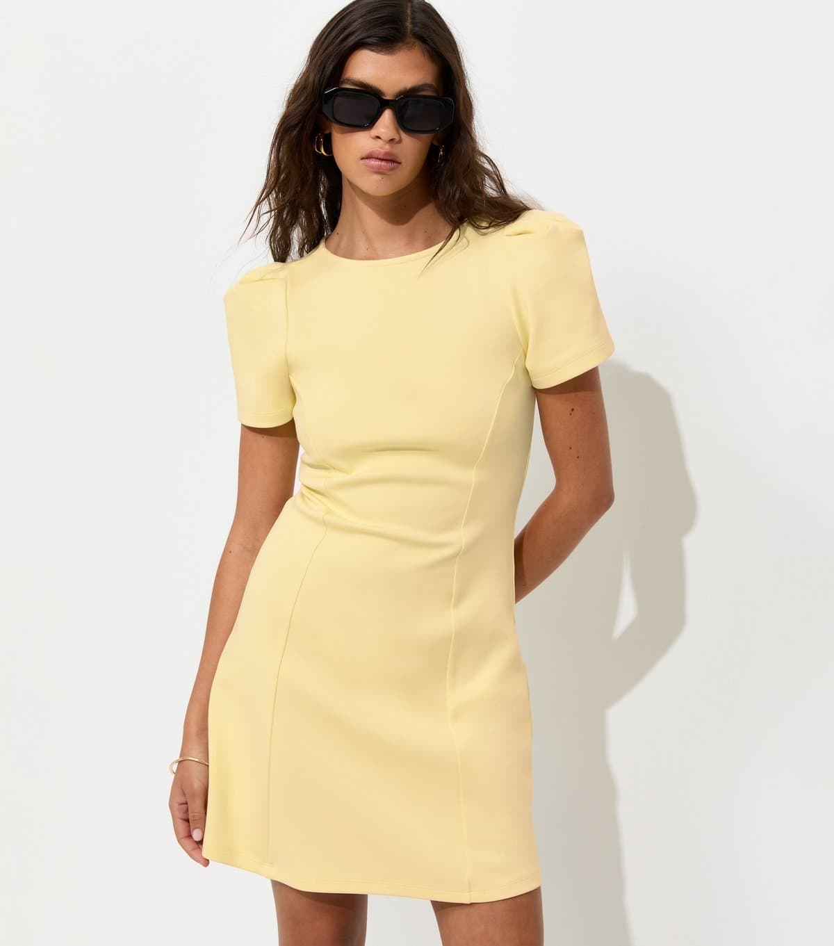 New Look Women's Light Yellow Cotton Rich Ponte Short Sleeve Structured Shoulder Mini Dress New Look