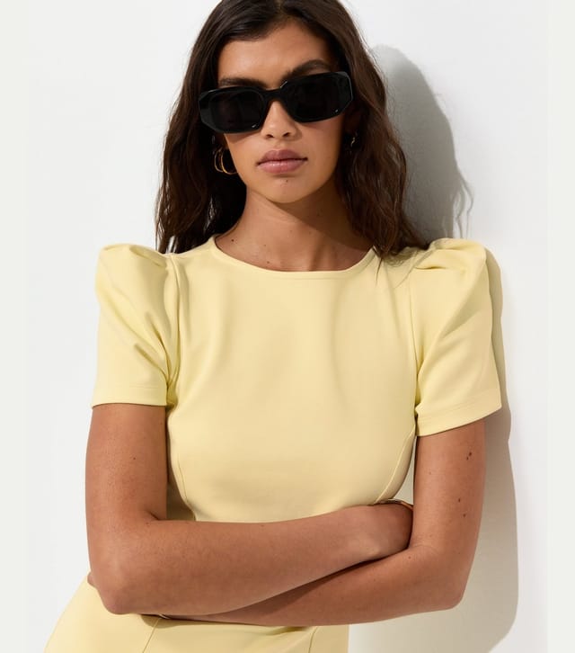 New Look Women's Light Yellow Cotton Rich Ponte Short Sleeve Structured Shoulder Mini Dress New Look - 3