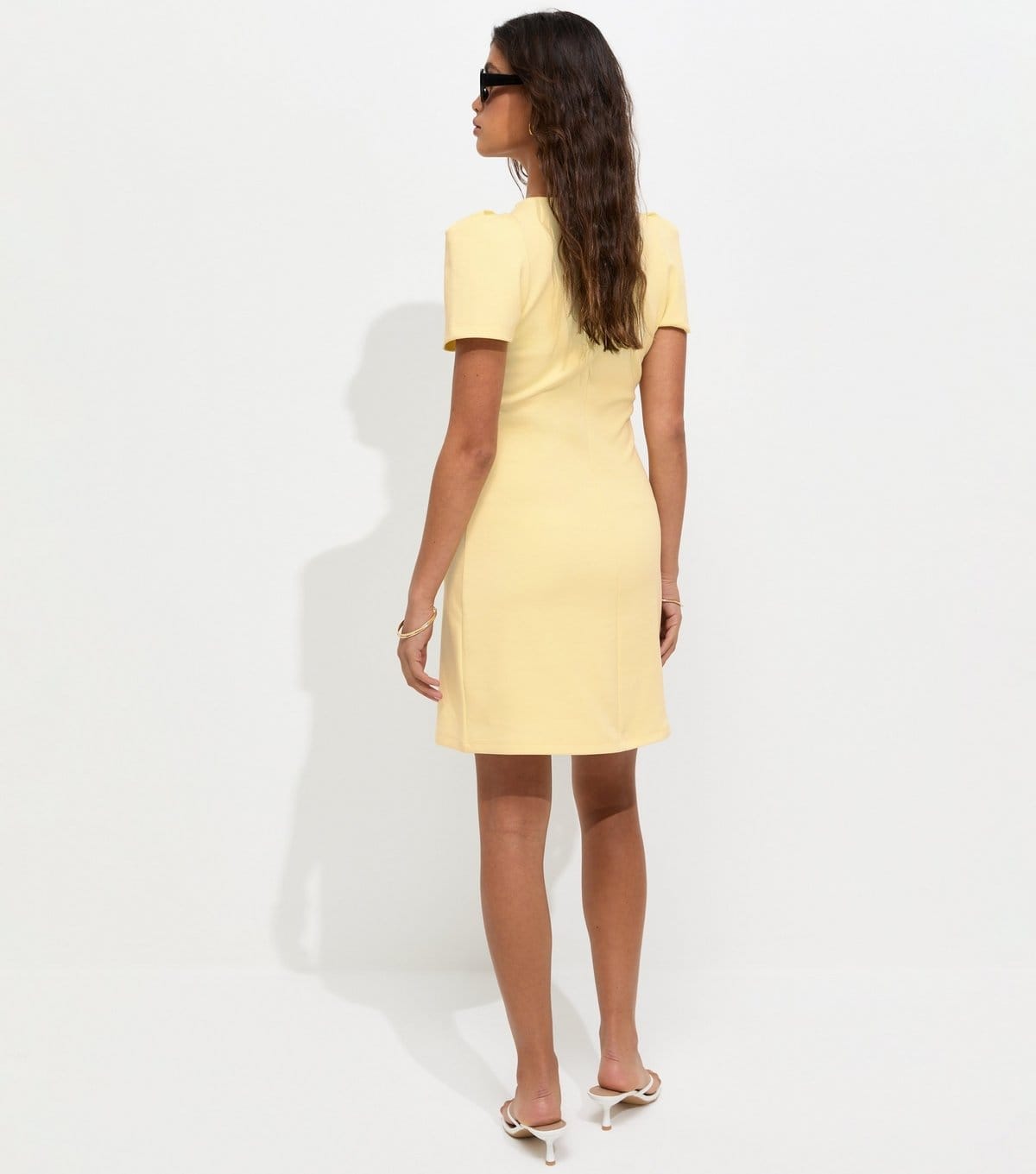 New Look Women's Light Yellow Cotton Rich Ponte Short Sleeve Structured Shoulder Mini Dress New Look - 4