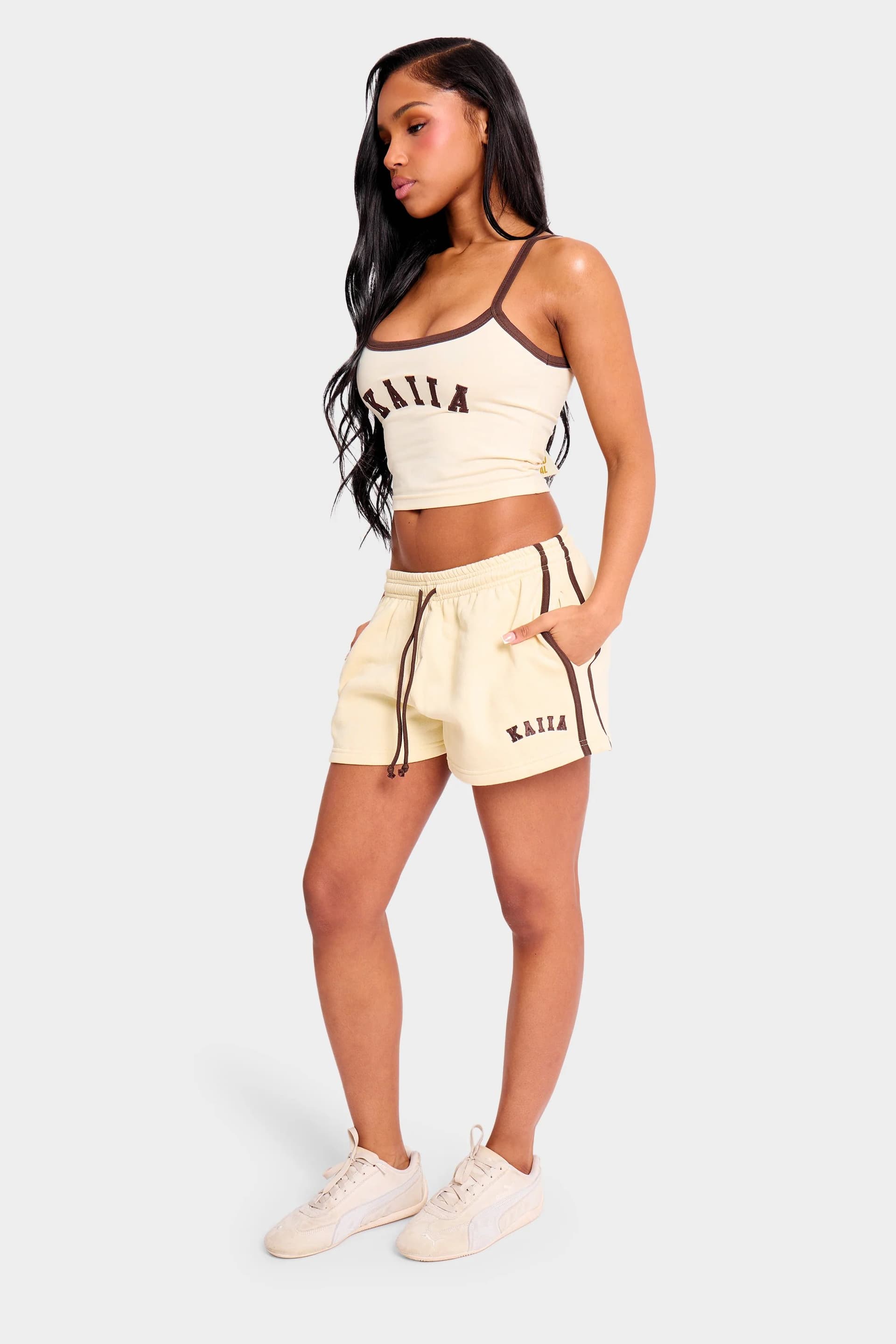 Kaiia Kaiia Side Stripe Sweat Shorts Butter Yellow & Brown