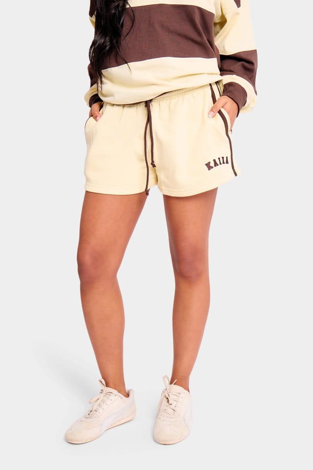 Kaiia Kaiia Side Stripe Sweat Shorts Butter Yellow & Brown - 3