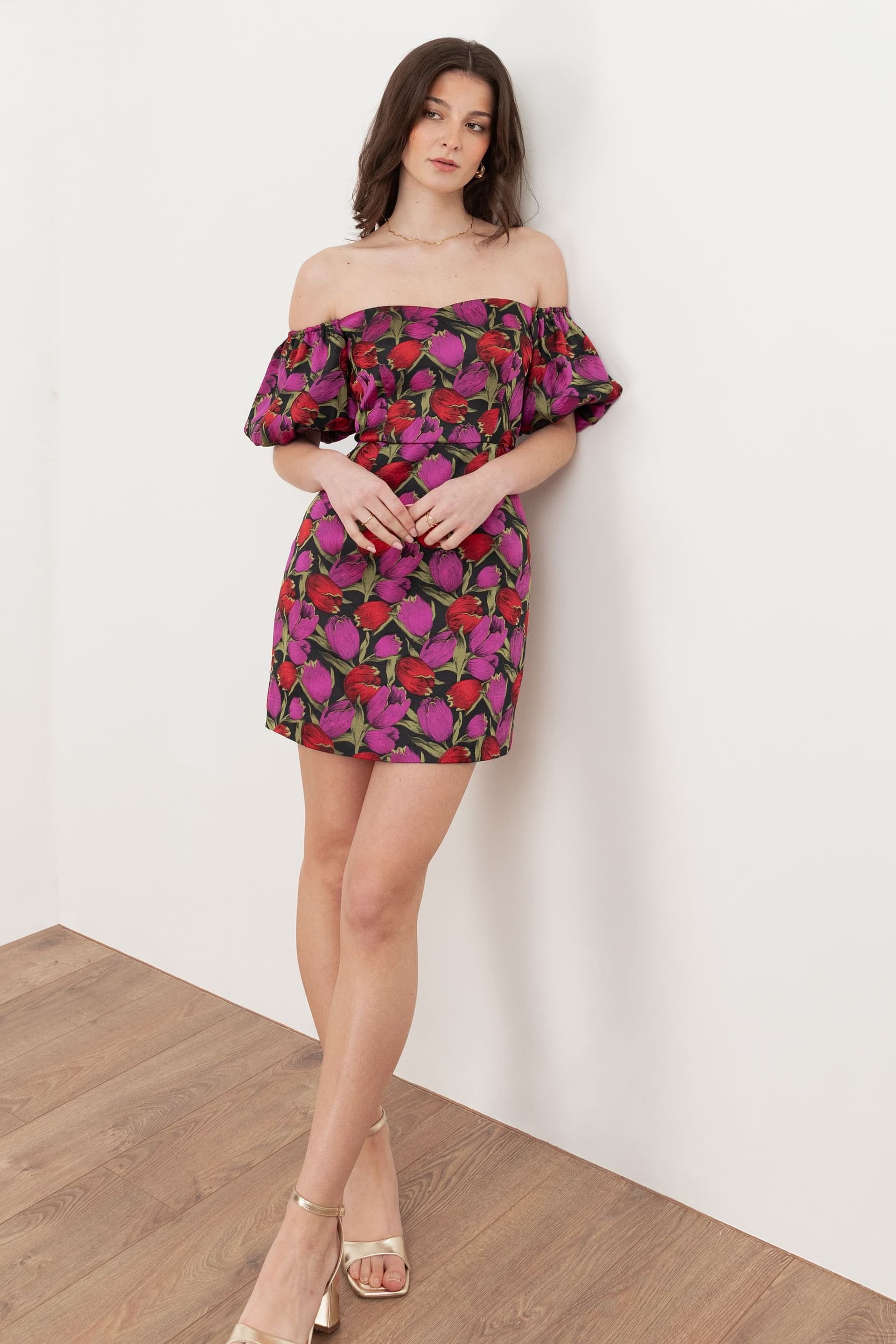 Maya Deluxe Maya Deluxe Pink & Red Floral Jacquard Mini Dress