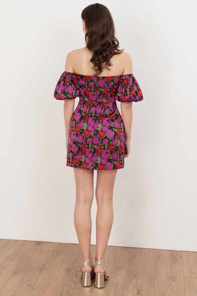 Maya Deluxe Maya Deluxe Women's Floral Jacquard Short Sleeve Bardot Mini Dress - 2