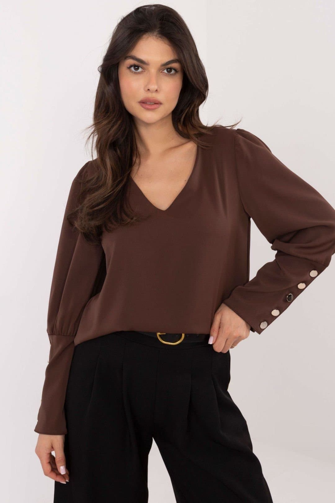 Love Lace Love Lace Brown V-Neck Blouse with Puff Sleeves