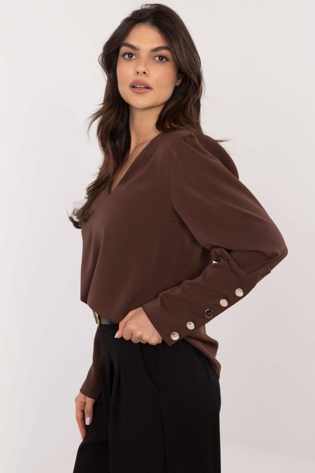 Love Lace Love Lace Women's Classic V Neck Blouse with Puff Sleeves in Brown - 2