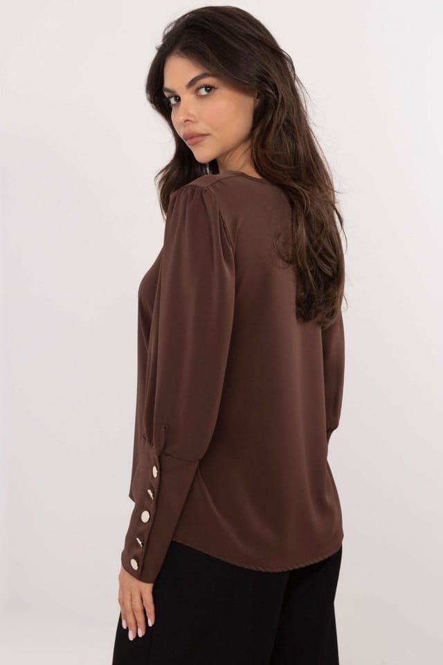 Love Lace Love Lace Women's Classic V Neck Blouse with Puff Sleeves in Brown - 3
