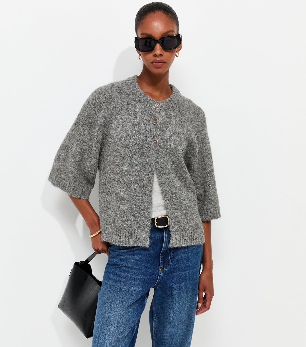 New Look Women's Dark Grey Knitted Short Sleeve Cape Cardigan New Look