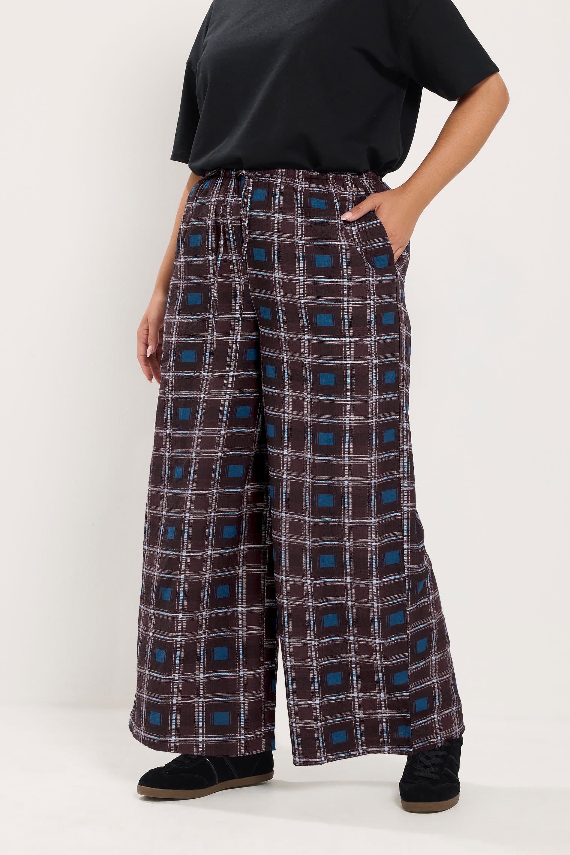 Yours Plus Size Burgundy Red Checked Wide Leg Trousers