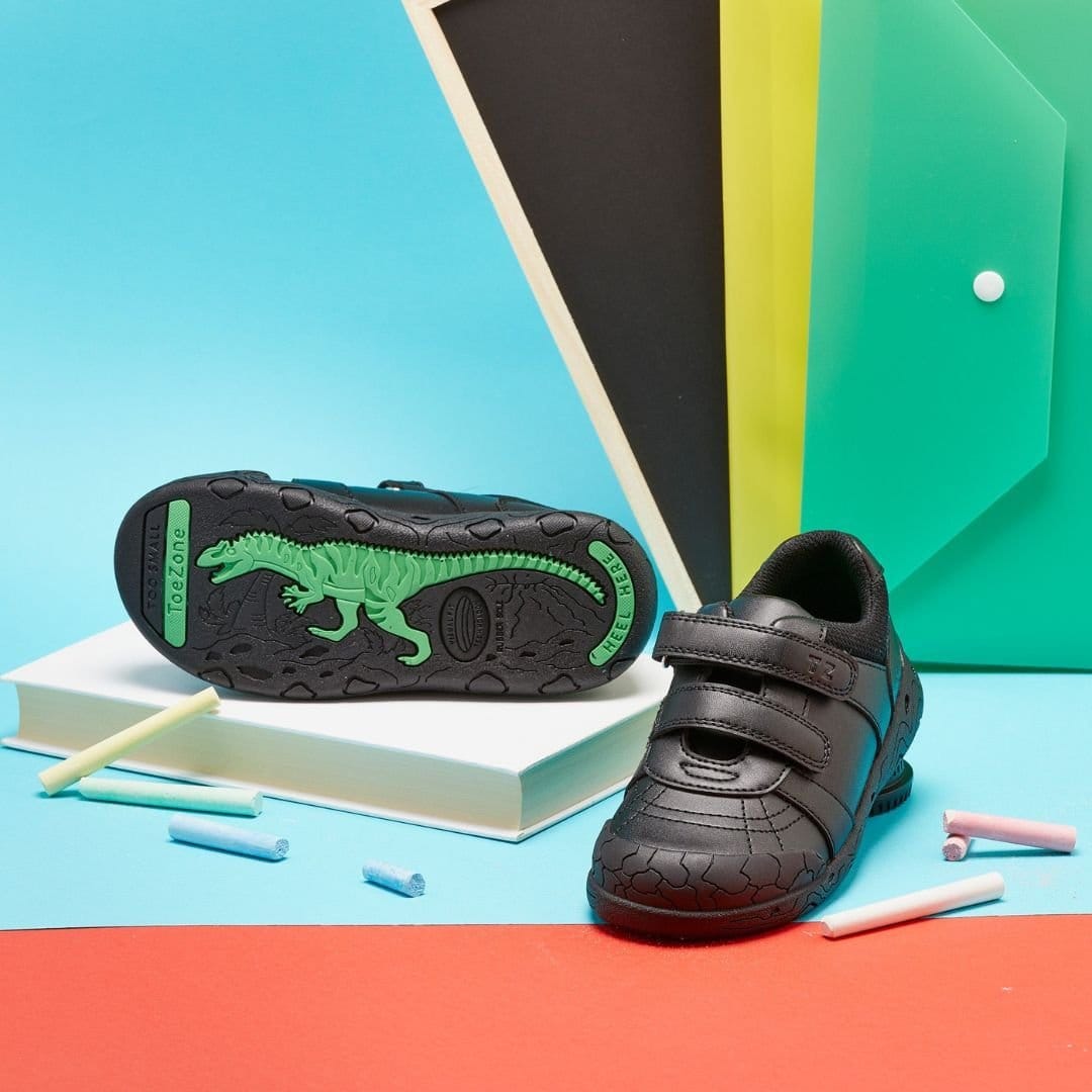 ToeZone ToeZone Men's Rebel Black Dinosaur Design Rip Tape School Shoe - 4