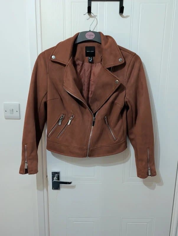 New Look New Look Tan Faux Suede Biker Jacket UK 10 Rust Brown Moto Zip Coat VGC