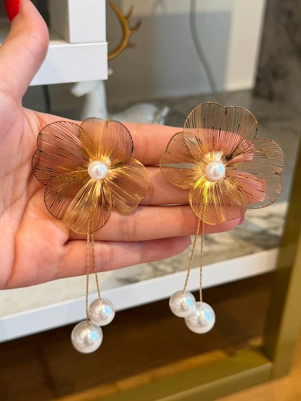 ASOS ASOS Gold Wire Flower Pearl Drop Earrings Statement - 1