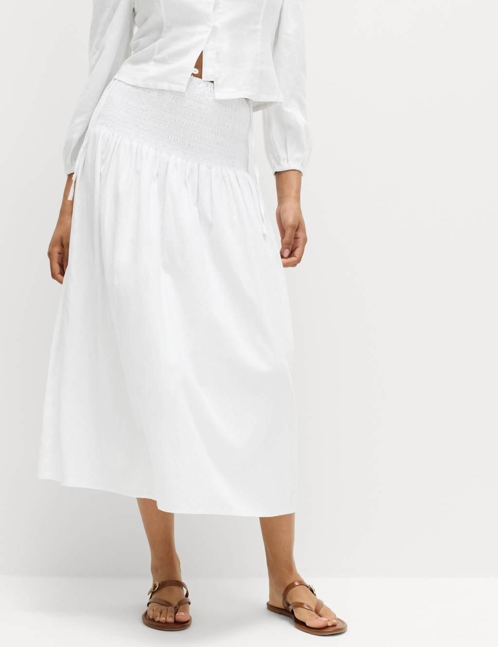 Marks & Spencer M&S Linen Rich Shirred Tie Detail Maxi Skirt White - 1