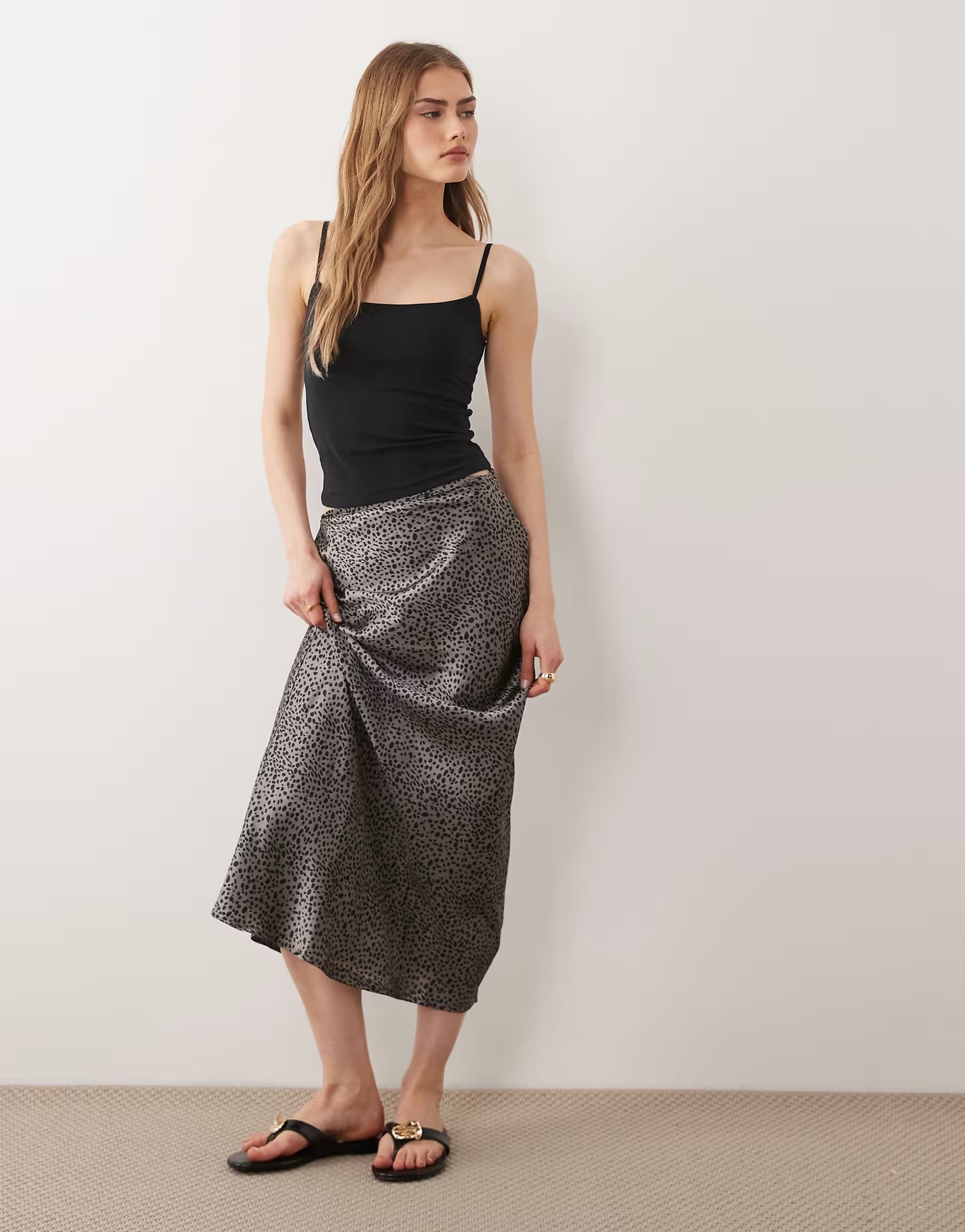 ASOS Wednesday's Girl midaxi micro spot lace detailed satin skirt in grey  