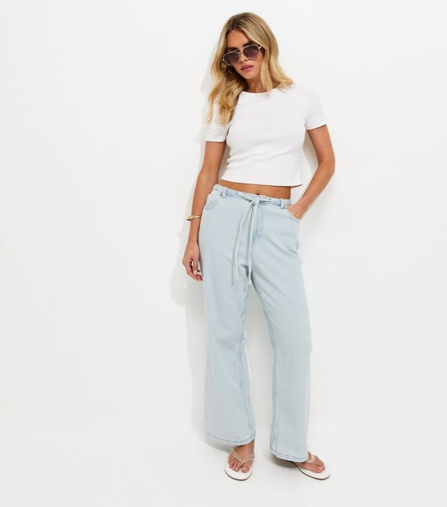 New Look Women's Petite Light Blue Striped Drawstring Wide Leg Jeans New Look - 2