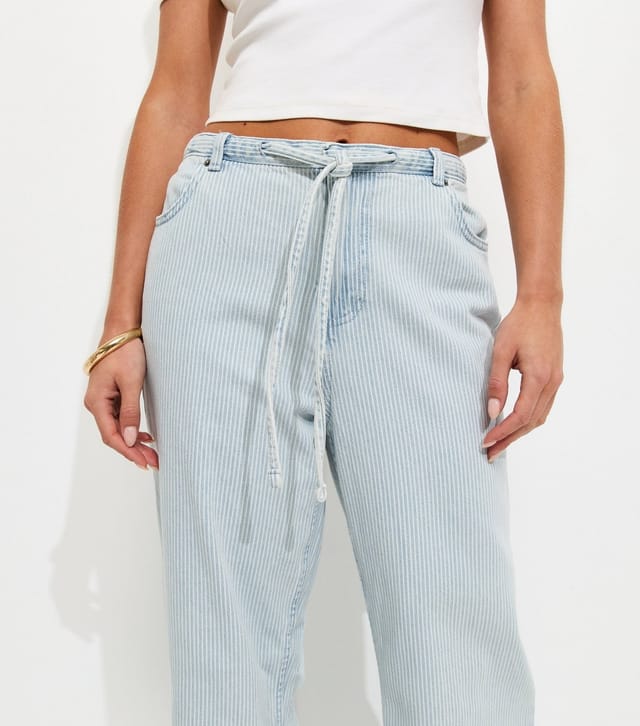 New Look Women's Petite Light Blue Striped Drawstring Wide Leg Jeans New Look - 3