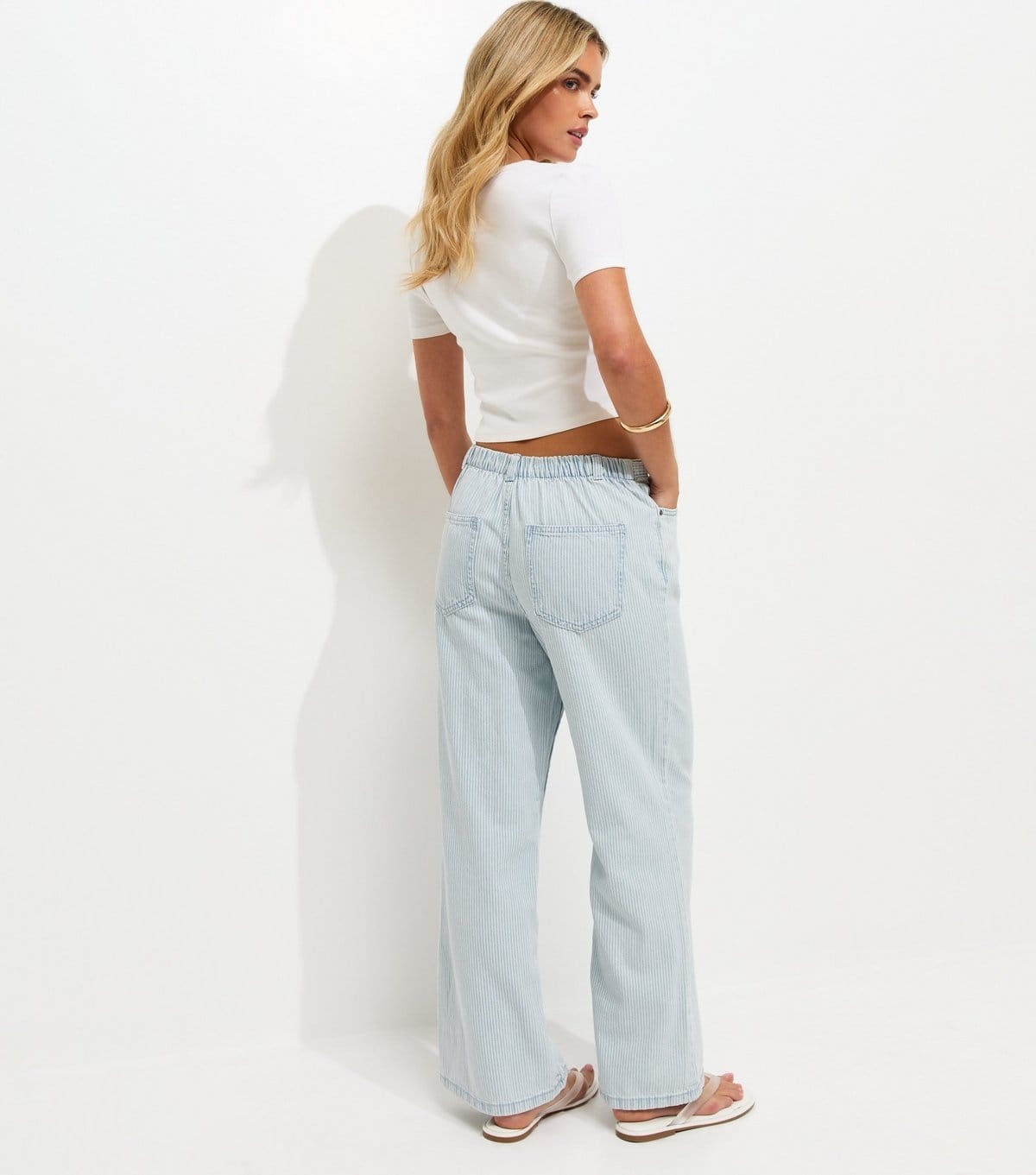 New Look Women's Petite Light Blue Striped Drawstring Wide Leg Jeans New Look - 4