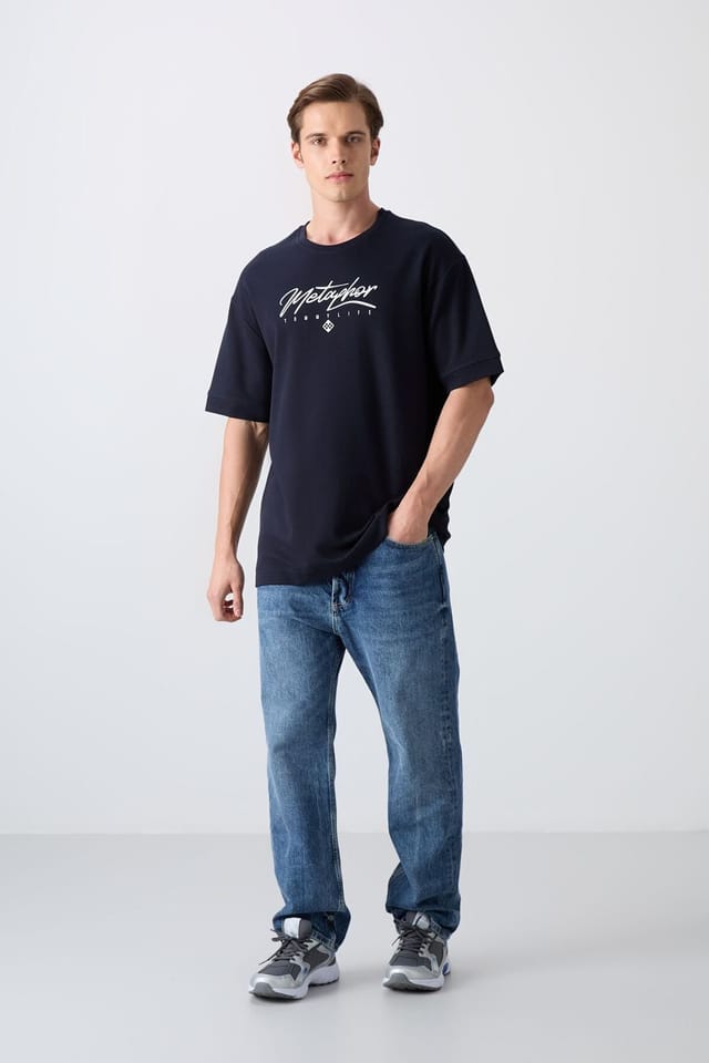 Tommy Life Tommy Life Men's Oversized Logo Crew Neck T-Shirt in Navy - 2