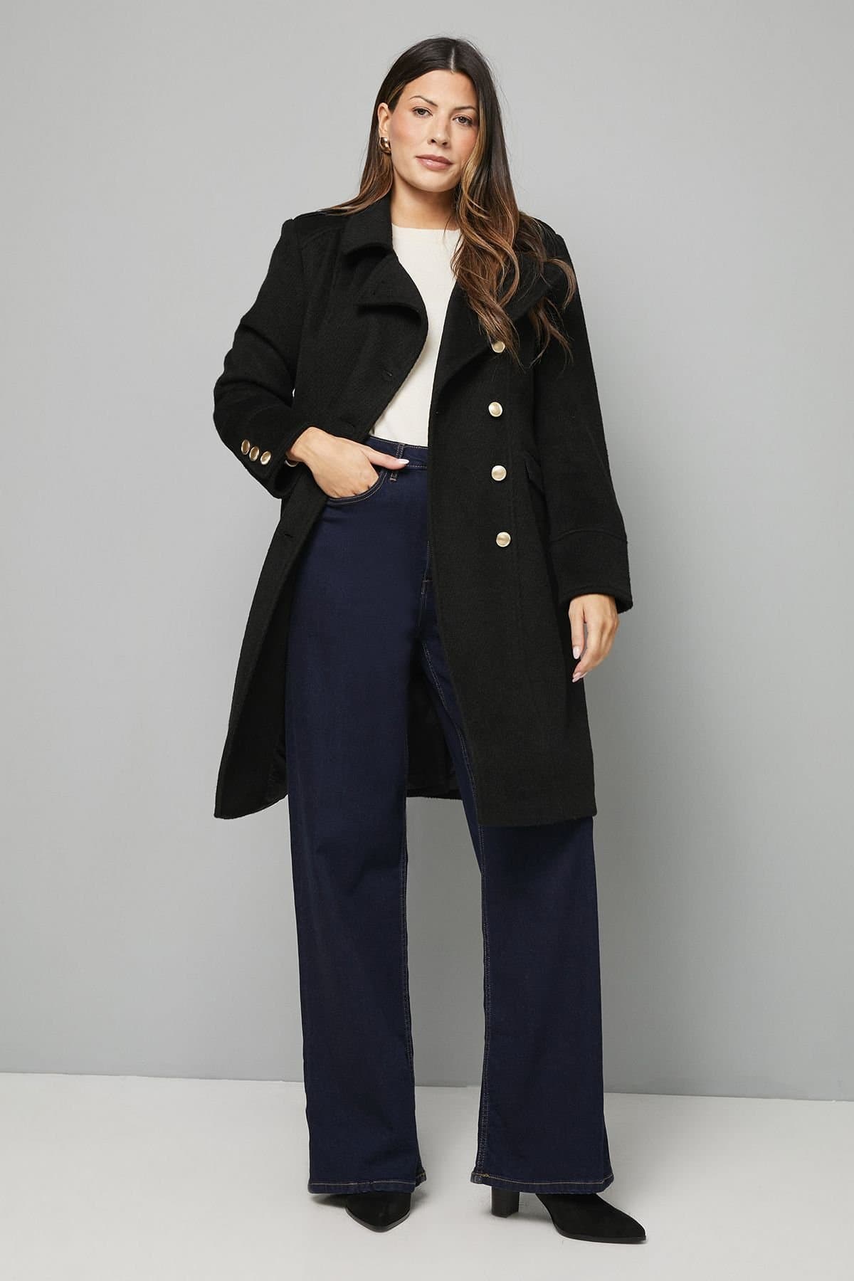 Wallis Wallis Women's Button Down Military Coat in Black