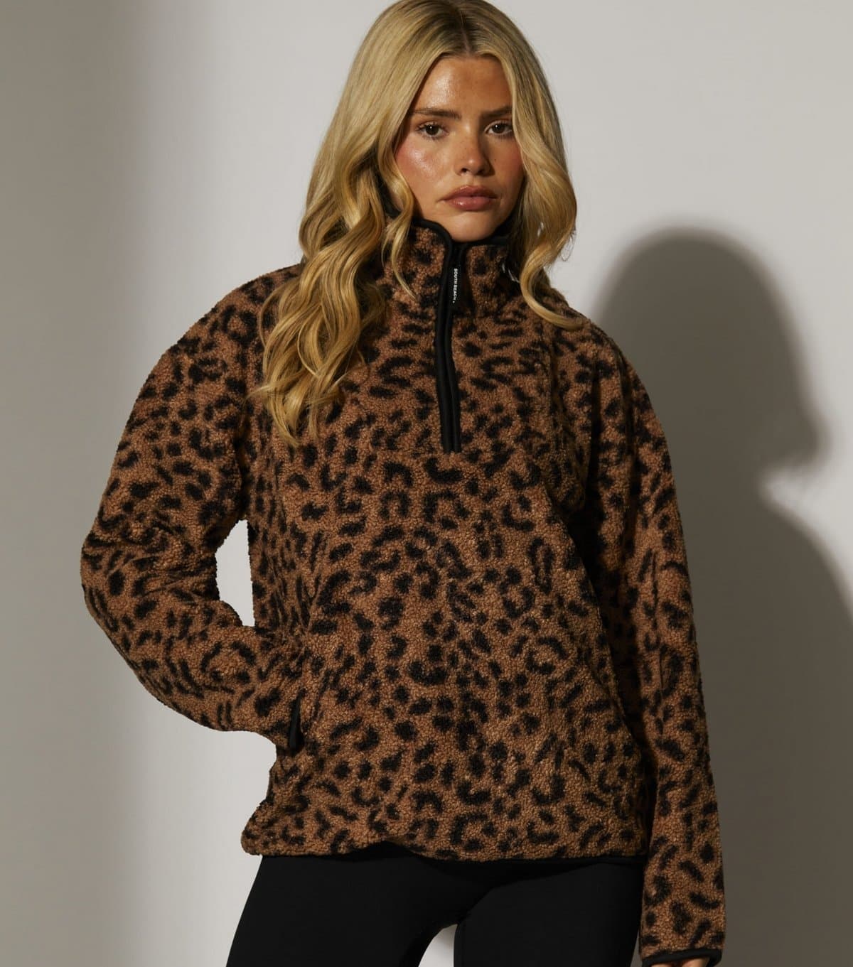 South Beach Women's Brown Leopard Print Borg Quarter Zip Jacket South Beach New Look