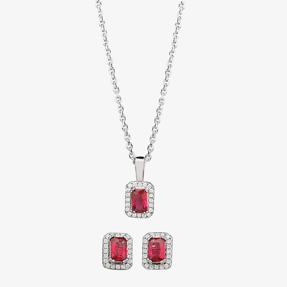 T.H.Baker T.H.Baker Women's Silver Red Cubic Zirconia Baguette Pendant & Earring Set SET14195
