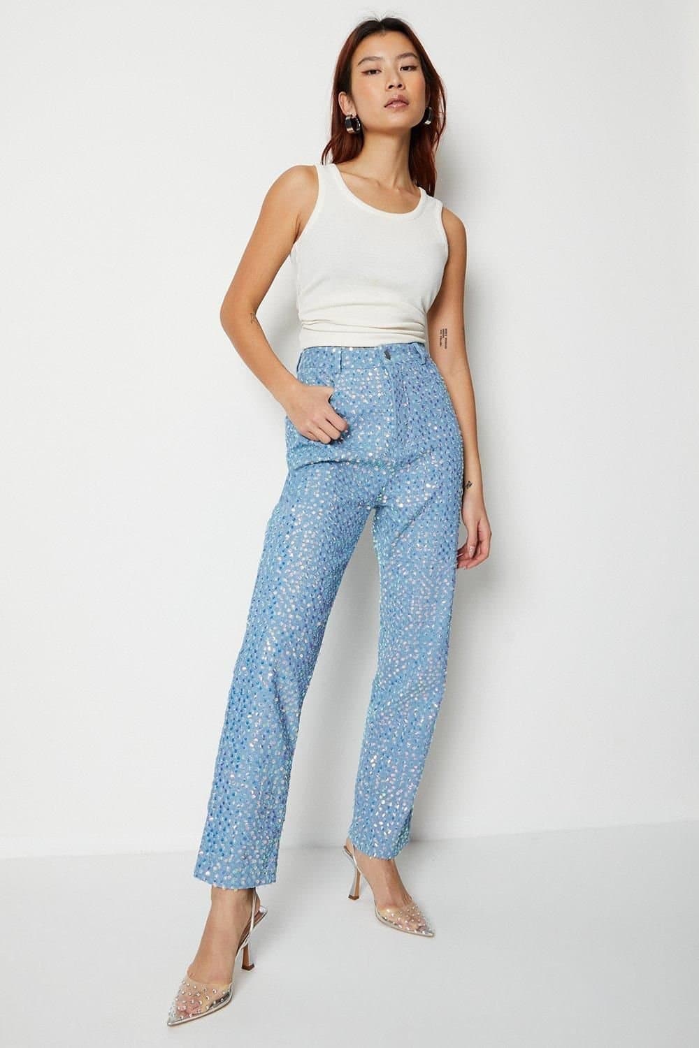 Warehouse Warehouse Women's Sequin Straight Leg Denim Jeans in Mid Blue