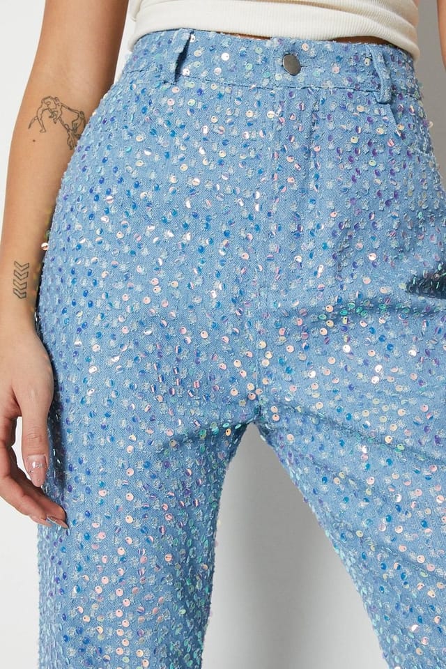 Warehouse Warehouse Women's Sequin Straight Leg Denim Jeans in Mid Blue - 2