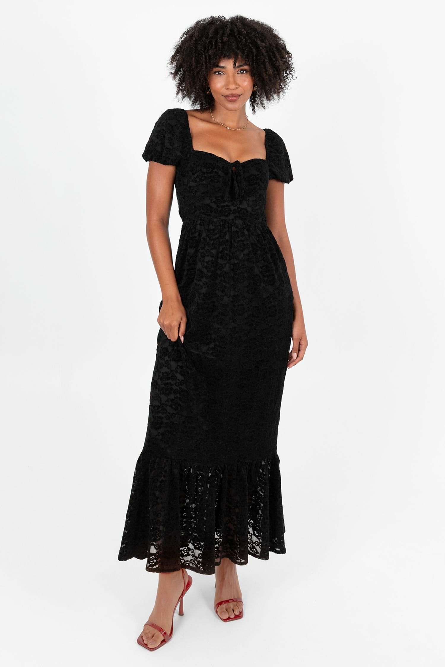 Lovedrobe Black Floral Velvet Lace Square Neck Midaxi Dress