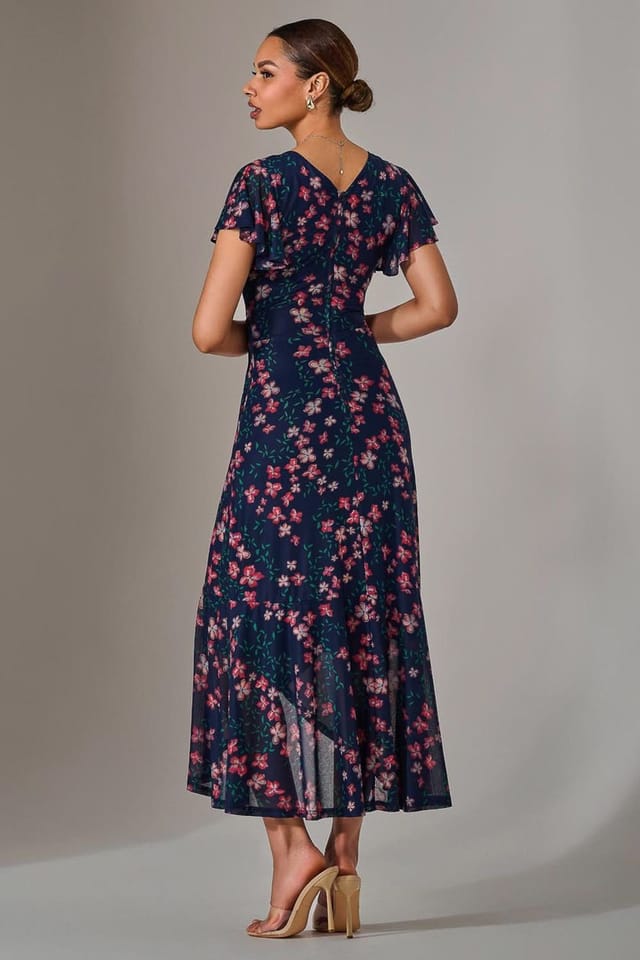 Jolie Moi Jolie Moi Women's Mesh Frill Hem Maxi Dress in Mid Navy - 2