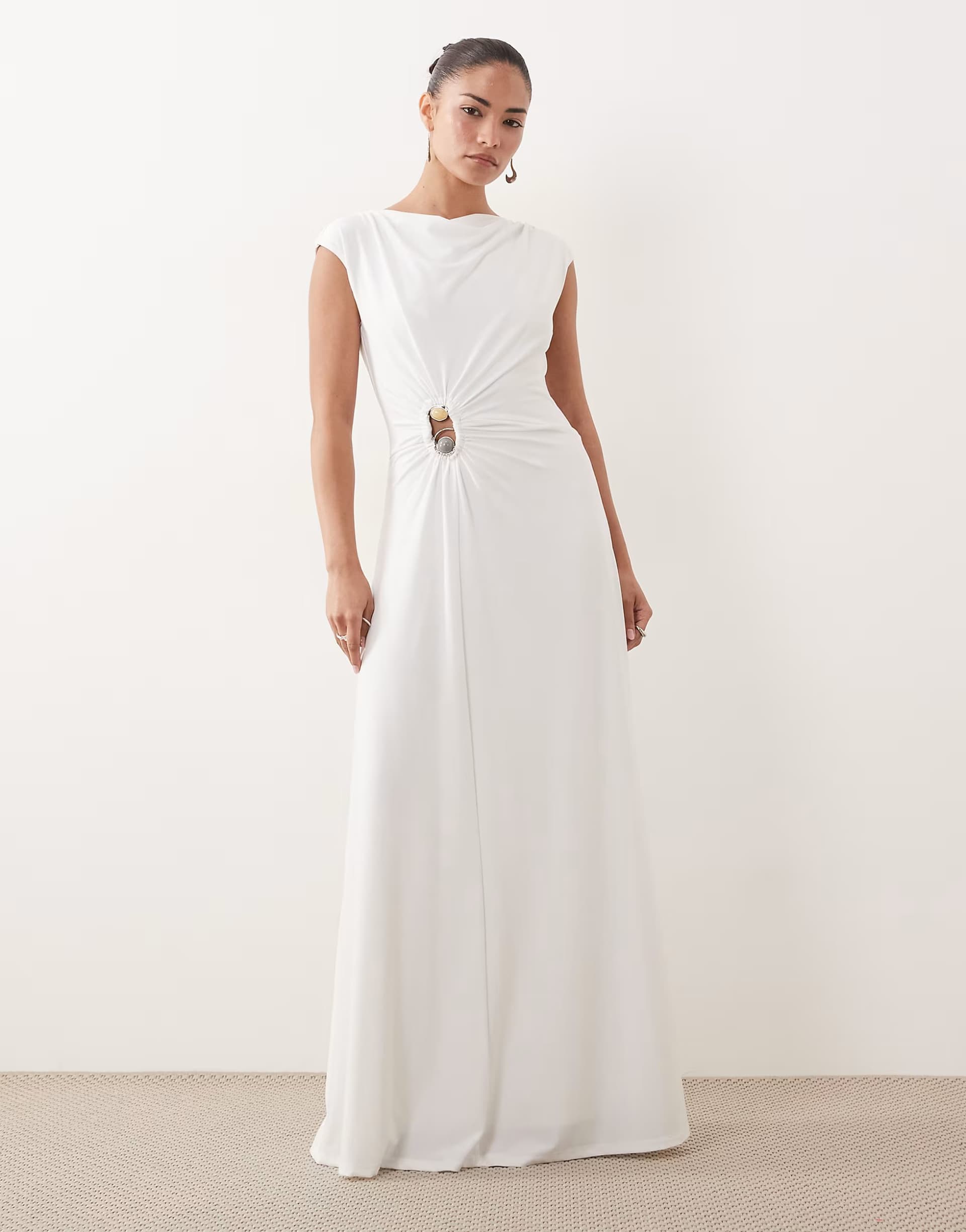 ASOS Forever New slinky slash neck beaded hardware detail maxi dress in white