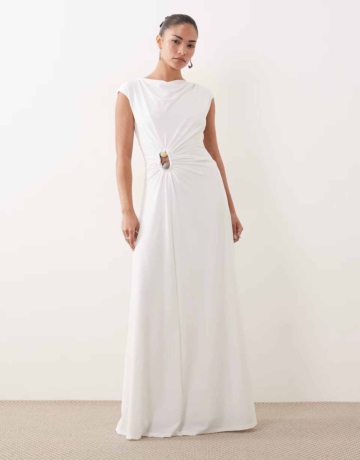 ASOS Forever New slinky slash neck beaded hardware detail maxi dress in white - 1